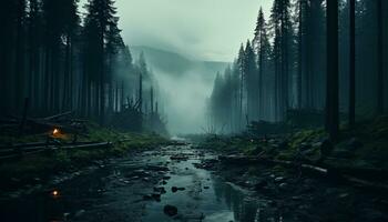 mysterieus mist dekens rustig Woud, onthullend natuur betoverend schoonheid gegenereerd door ai foto