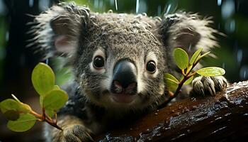 schattig klein koala zittend Aan tak, op zoek Bij camera gegenereerd door ai foto