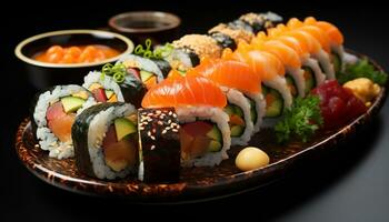 versheid gerold omhoog in een bord, maki sushi, zeewier, en vis gegenereerd door ai foto
