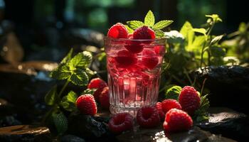 vers framboos cocktail Aan een houten tafel, een zomer genot gegenereerd door ai foto