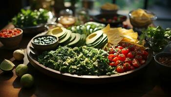 versheid Aan bord gezond aan het eten, vegetarisch voedsel, biologisch, avocado, salade gegenereerd door ai foto
