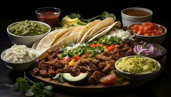 gegrild vlees, vers tomaat, avocado, koriander Aan een tortilla bord gegenereerd door ai foto