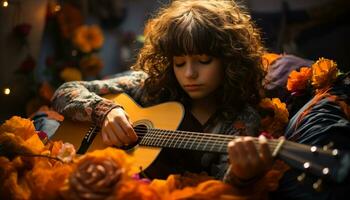 een schattig meisje spelen gitaar, lachend, omringd door natuur schoonheid gegenereerd door ai foto