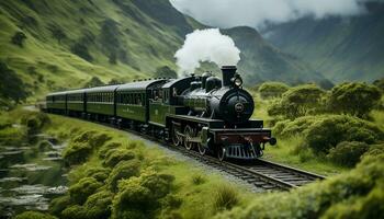 stoom- trein puffen door bergachtig landschap, een nostalgisch mode van vervoer gegenereerd door ai foto