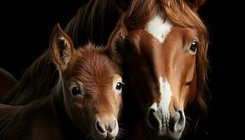 schattig paard Aan een boerderij, op zoek Bij camera in weide gegenereerd door ai foto