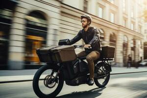 Mens rijden Aan elektrisch lading fiets in de stad ai gegenereerd foto