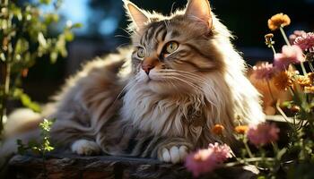 schattig katje zittend Aan gras, speels, omringd door natuur schoonheid gegenereerd door ai foto