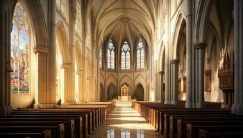 de majestueus gotisch basiliek verlicht geestelijkheid binnen oude culturen gegenereerd door ai foto