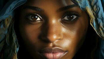 Afrikaanse vrouw, jong en mooi, vol vertrouwen op zoek Bij de camera gegenereerd door ai foto