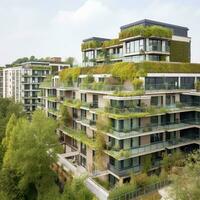 modern gebouw met groen woon- dak balkon en wijk foto