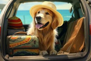 ai generatief hond Bij terug van auto zittend klaar voor reizen foto