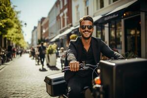 Mens rijden Aan elektrisch lading fiets in de stad ai gegenereerd foto