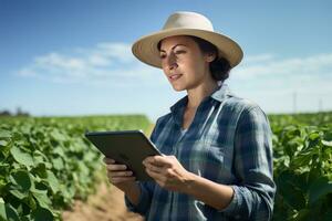 portret van vrouw boer gebruik makend van tablet in de boerderij, merkt op en controleren groei planten, landbouw slim landbouw concept foto