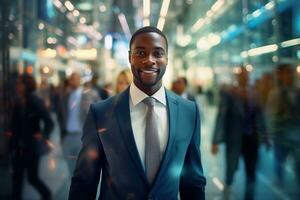 portret van gelukkig Afrikaanse Amerikaans zakenman wandelen Aan straat Bij nacht, glimlachen zwart manager in modern stad omringd door wazig mensen. foto