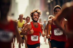 mannetje rennen marathon met andere hardlopers Aan een straat van modern stad. knap jong Mens rennen voor gezond leven. foto