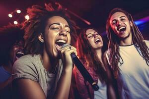 karaoke vrienden het zingen muziek. genereren ai foto