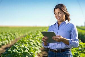 portret van vrouw boer gebruik makend van tablet in de boerderij, merkt op en controleren groei planten, landbouw slim landbouw concept foto