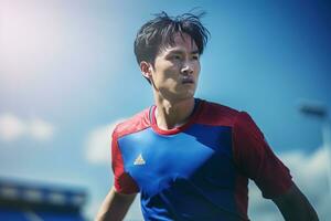 knap Aziatisch voetbal speler, portret van een knap Aziatisch atleet mannelijk, sport Mens voetballer. foto