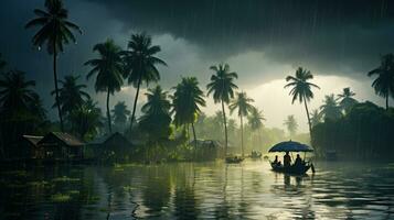 menselijk dagelijks leven Aan regenachtig dag. genieten van regenval en gelukkig leven, levendig regenachtig seizoen concept. generatief ai foto