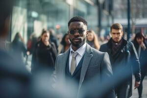 zwart zakenman wandelen in modern stad, knap Mens wandelingen Aan een druk voetganger straat, Afrikaanse manager omringd door vervagen mensen Aan bezig straat. foto