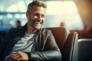 gelukkig toerist glimlachen Bij luchthaven terminal, blij Mens wacht voor vlucht in een instappen lounge van vliegmaatschappij middelpunt. foto