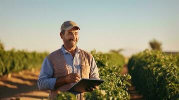 portret van mannetje boer gebruik makend van tablet in de boerderij, merkt op en controleren groei planten, landbouw slim landbouw concept foto