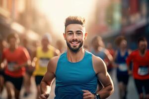 mannetje rennen marathon met andere hardlopers Aan een straat van modern stad. knap jong Mens rennen voor gezond leven. foto