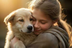 weinig meisje knuffelen haar hond met warm licht achtergrond, kind knuffels een verdwaald hond naar overbrengen een zin van liefde. foto