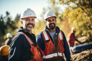 portret van vrolijk arbeiders vervelend veiligheid uniform, bouw bouwkunde werken Aan gebouw bouw plaats, merkt op en controle de project. foto