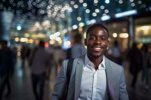 portret van gelukkig Afrikaanse Amerikaans zakenman wandelen Aan straat Bij nacht, glimlachen zwart manager in modern stad omringd door wazig mensen. foto