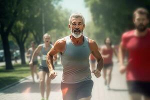 senior Mens rennen voor gezond leven, mannetje rennen oefening in groen natuur park. foto