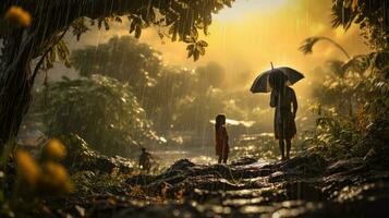 menselijk dagelijks leven Aan regenachtig dag. genieten van regenval en gelukkig leven, levendig regenachtig seizoen concept. generatief ai foto
