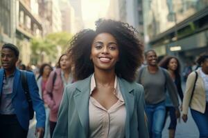 Afrikaanse zakenvrouw wandelen in modern stad, mooi vrouw wandelingen Aan een druk voetganger straat, bedrijf manager omringd door vervagen mensen Aan bezig straat. foto