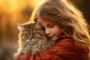 weinig meisje knuffelen haar kat met warm licht achtergrond, kind knuffels een verdwaald kat naar overbrengen een zin van liefde. foto