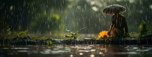menselijk dagelijks leven Aan regenachtig dag. genieten van regenval en gelukkig leven, levendig regenachtig seizoen concept. generatief ai foto