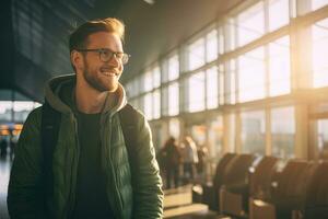 gelukkig toerist glimlachen Bij luchthaven terminal, blij Mens wacht voor vlucht in een instappen lounge van vliegmaatschappij middelpunt. foto