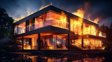 huis Aan brand ongeluk, brandend auto achtergrond, huis verzekering concept. generatief ai foto
