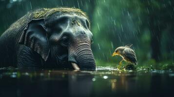 episch fotografie schot van olifant Aan regenachtig dag. levendig regenachtig seizoen concept. generatief ai foto