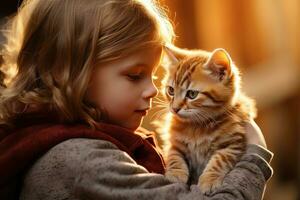 weinig meisje knuffelen haar kat met warm licht achtergrond, kind knuffels een verdwaald kat naar overbrengen een zin van liefde. foto