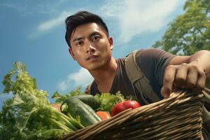 Aziatisch mannetje boer met mand van vers groenten, presenteren biologisch groenten, gezond voedsel foto