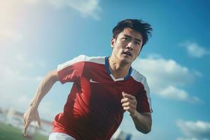 knap Aziatisch voetbal speler, portret van een knap Aziatisch atleet mannelijk, sport Mens voetballer. foto