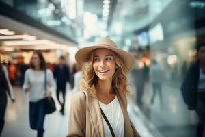 portret van gelukkig vrouw gaat naar boodschappen doen in kleding op te slaan, mooi Mens wandelen in boodschappen doen winkelcentrum omringd door wazig mensen foto