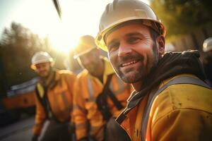 portret van vrolijk arbeiders vervelend veiligheid uniform, bouw bouwkunde werken Aan gebouw bouw plaats, merkt op en controle de project. foto