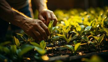 artistiek recreatie van handen plukken thee bladeren in een plantage van thee planten Bij zonsondergang. illustratie ai foto