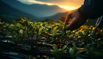 artistiek recreatie van een hand- plukken thee bladeren in een plantage van thee planten Bij zonsondergang. illustratie ai foto