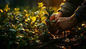 artistiek recreatie van handen plukken thee bladeren in een plantage van thee planten Bij zonsondergang. illustratie ai foto