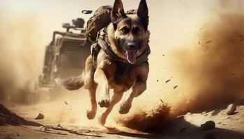 oorlog hond vechten en rennen in vol strijd in de woestijn. gegenereerd met kunstmatig intelligentie- foto
