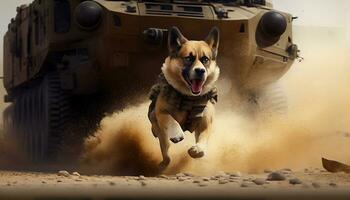 oorlog hond rennen met strijd tanks in vol strijd in de woestijn. gegenereerd met kunstmatig intelligentie- foto