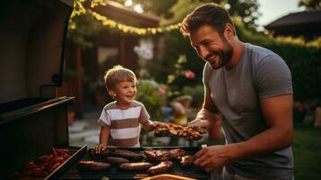 vader en zoon grillen hamburgers in achtertuin foto