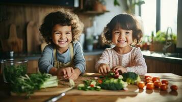kinderen helpen met Koken en hakken groenten foto